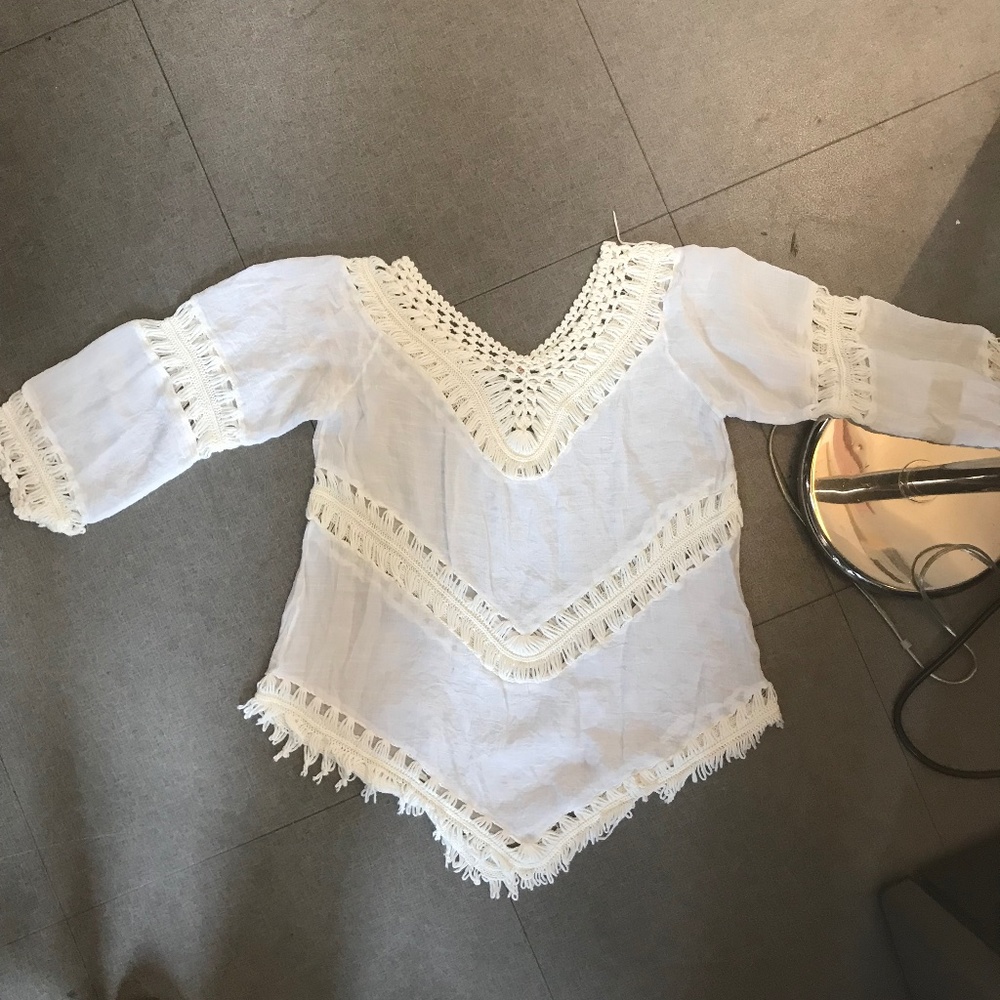 Women's white + beige shirt, funky fringe   Size L